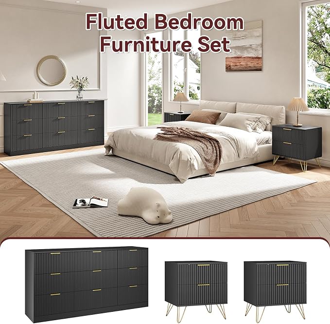 9 Drawer Dresser and Nightstand Sets for Bedroom, 3 Pcs Bedroom Set，Night Stand Set of 2 & 9 Drawer Dresser with Gold Handles, Modern Wood Chest of Drawers Storage Cabinet Set, Black