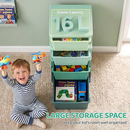Qaba 4 Drawers Kids Storage Unit, 4 Tier Stackable Toy Organizers and Storage Chest for Bedroom, Nursery, Playroom, Living Room, Boys, Girls, Toddlers, Green