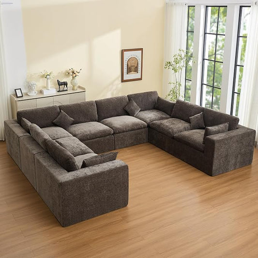 146''Cloud Boneless Sectional Couch, Modular Sectional Sofa Deep Seat, Oversized Upholstered Convertible Comfy 8 Seater Chenille Memory Foam Sofa U Shape Couches for Living Room, Brown