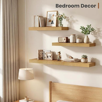 Vivelove 12 Inch Deep Floating Shelves 16 inch Long, 2 Inch Thick Wall Shelves with Invisible Brackets, Shelf for Bedroom Bathroom Living Room Kitchen Office Home Decor, Modern Shelf Set of 2, Oak