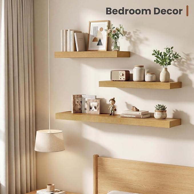 Vivelove 12 Inch Deep Floating Shelves 30 inch Long, 2 Inch Thick Wall Shelves with Invisible Brackets, Shelf for Bedroom Bathroom Living Room Kitchen Office Home Decor, Modern Shelf Set of 2, Oak