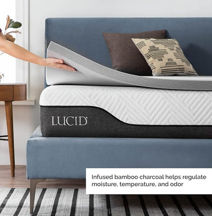 Lucid 2 Inch Bamboo Charcoal Infused Memory Foam Mattress Topper - Full Size – Moisture and Odor Control - Ventilated - Plush Feel, Pressure-Relieving Bed Topper – CertiPur Certified