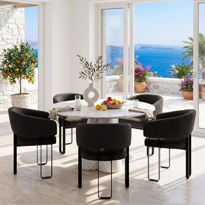Modern Barrel Dining Chair, Black Boucle Kitchen Chair with U-Shaped Stainless Steel Legs, Armchair with Open Back for Living Room Bedroom Makeup Room