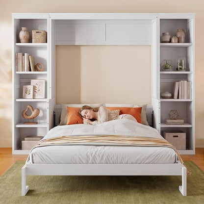 Olela Murphy Bed Queen Size with Mattress Desk and Bookcase, Vertical Murphy Wall Bed Cabinet Desk and Bookshelf Storage Combo, Space Saving Hideaway Beds for Home Office Guest Room, White