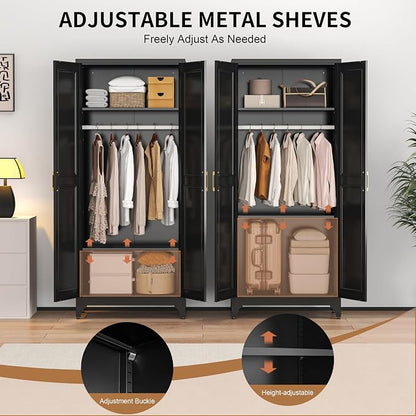 Metal Wardrobe Cabinets,Black Armoire Wardrobe Closet with Hanging Rod,Clothes Storage Cabinet with Adjustable Shelves and Doors,Clothing Cabinet for Bedroom, Office, Laundry Room