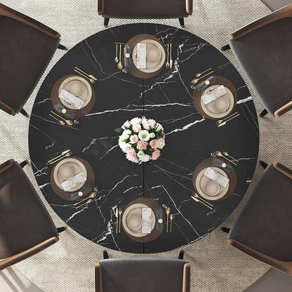IBF Round Dining Table with Storage, Black Faux Marble Kitchen Tables for 4-6 People, 47" Modern Dining Room Tables with Fridge Space, Wood Circle Dinner Table for Home, Black Marble, Only Table