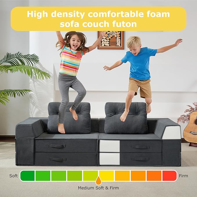 Folding Sofa Bed, 4 in 1 Convertible Sleeper Chair with Pillow, Loveseat Memory Foam Fold Out Chair Bed, Modern Floor Futon Sofa Couch Mattress for Living Room/Guest/Apartment, Black Grey | Compressed sofa