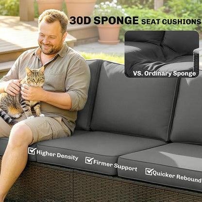 Outsunny 3 Seater Outdoor Couch Sofa, PE Wicker Patio Couch with Wide Deep Seating, 4" Foam Cushions, Wood-Effect Armrests and Legs, Patio Sofa Furniture for Garden, Backyard, Porch, Gray