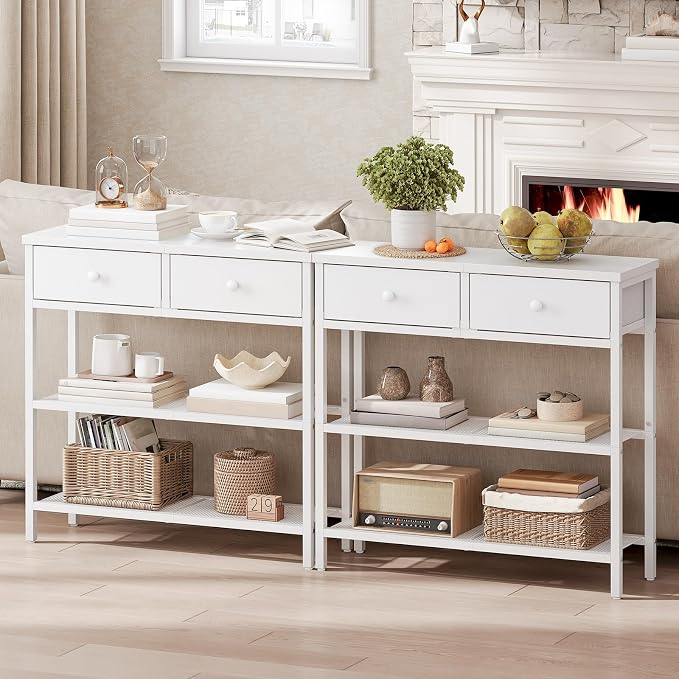HOOBRO 29.5" Narrow Console Table with 2 Fabric Drawers, Sofa Table, Small Entryway Table with 3-Tier Storage Shelves, Behind Couch Table, for Living Room, Hallway, White WW72XG01G1