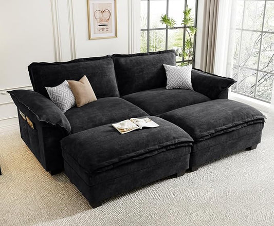 KKL Sectional Modular Sofa Bed, 4 Seater Cloud Couch with Ottoman, Chenille Sectional Couches for Living Room, Apartment, Black