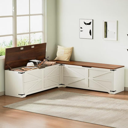 DWVO L-Shaped Storage Bench, 18" High Corner Dining Bench with Safety Hinges, Wooden Nook Chest for Living Room, Bedroom | Corner L-shaped design, slow-close safety hinges, hidden storage, fits living room bedroom dining nook, easy to assemble