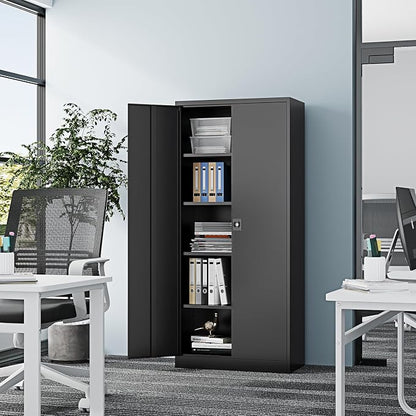 Fesbos Metal Storage Cabinet-72” Black Tall Steel File Cabinets with Lockable Doors and Adjustable Shelves-Black Steel Storage Cabinet for Kitchen, Office, Garage