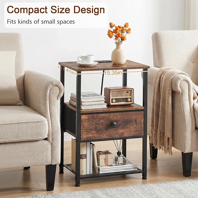 LOAKEKEL Nightstands Set of 2 with Charging Station, Night Stand with Fabric Drawer, End Tables Living Room with Storage Shelf for Small Spaces, Bed Side Tables for Bedroom, Rustic Brown HETS010PBR