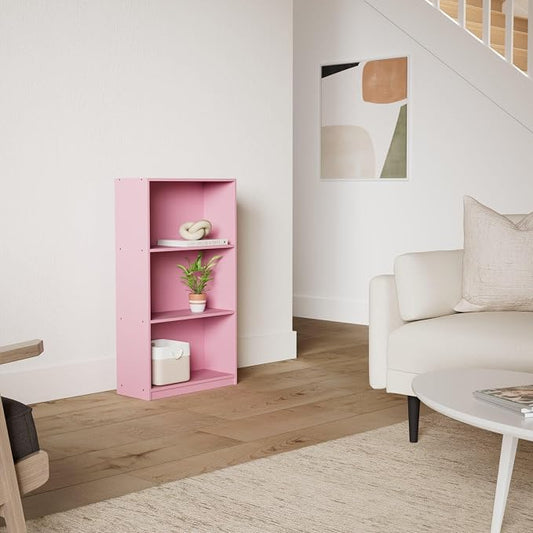 Furinno BASIC Book Shelf, 3-Tier Modern Bookshelf, Bookcase with Open Shelves, 9.3 x 21.8 x 39.5, for Living Room, Bedroom, Home Office, Pink