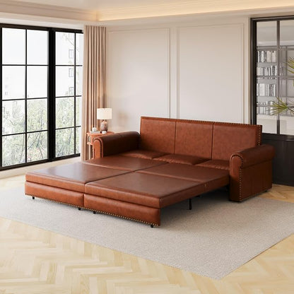 93.7" King Pull Out Sofa Bed, Faux Leather Sleeper Sofa Couch, 3 in 1 Convertible Futon Couches for Living Room, Small Space, Apartment, Office, Bedroom, Modern Rivet Armrest, Light Brown