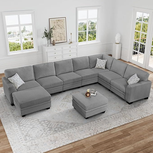 Legend Vansen Oversized Modular Sectional Sofa,9 Seat U Shaped Couch with Ottoman,Corduroy Sofa with Deep Seat,Convertible Large Sectional Couches for Living Room (Grey, U-9)