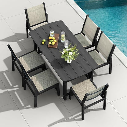 HDPE Outdoor Patio Dining Set with Table & 6 Stackable Armless Textilene Chairs, All-Weather 7-Piece Dining Table Set with Umbrella Hole, Patio Furniture for Garden, Poolside, Backyard, Deck | Black