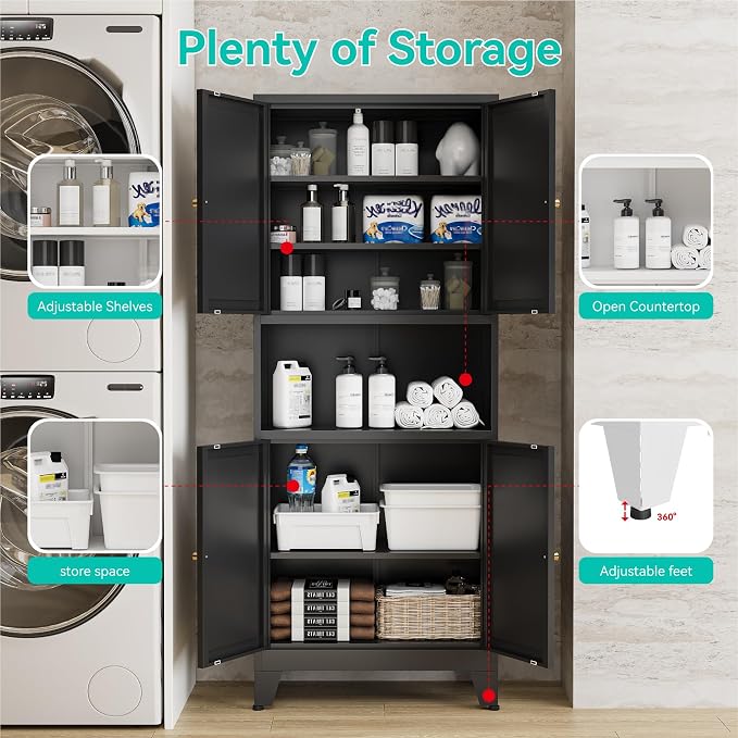 69" Tall Pantry Cabinet with Open Shelf,13.78“Deep By 28" Wide Storage Cabinet with Doors and Adjustable Shelves,Microwave Stand,for Kitchen Dining Room Bathroom,Black,1Pc