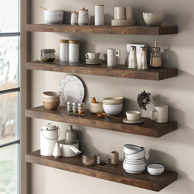 Floating Shelves for Wall Decor, 8" Deep Solid Elm Wood Floating Shelves Wall Mounted, Rustic Wall Shelves with Invisible Bracket for Living Room Bathroom Bedroom Kitchen, 36 Inch Set of 2, Walnut