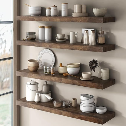 Floating Shelves for Wall Decor, 8" Deep Solid Elm Wood Floating Shelves Wall Mounted, Rustic Wall Shelves with Invisible Bracket for Living Room Bathroom Bedroom Kitchen, 36 Inch Set of 2, Walnut