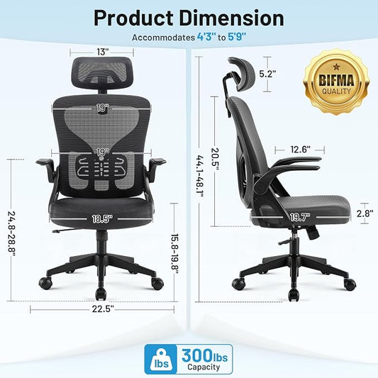 Office Chair Ergonomic Desk Chair with Adjustable Headrest Lumbar Support, High Back Breathable Mesh Chair with 120° Tilt & Flip-Up Armrests, Swivel Comfy Task Computer Chair for Work, Study