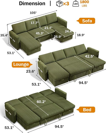 Vipbear 104" Sectional Sleeper Sofa Bed with Pull Out Bed, U Shaped Couch Pull Out Couch with Reclining Backrest, Reversible Storage Chaise, USB Ports, Tool-Free Assembly, Corduroy Green