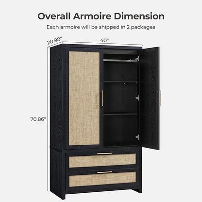 SICOTAS Armoire Wardrobe Closet, Larger Rattan Armoires Wardrobe Cabinet with 2 Large Drawers & Hanging Rod, Tall Closet Storage Cabinet for Cloak Room, Bedroom, Black Oak (3 Pieces)