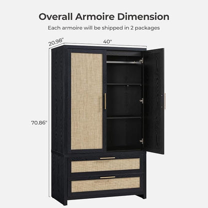 SICOTAS Rattan Armoire Wardrobe Closet Cabinet, 71" Wardrobe Storage Cabinet with Doors, 2 Drawers and Hanging Rod, Boho Large-Capacity Deep Armoire Clothes Organizer for Bedroom, Black Oak