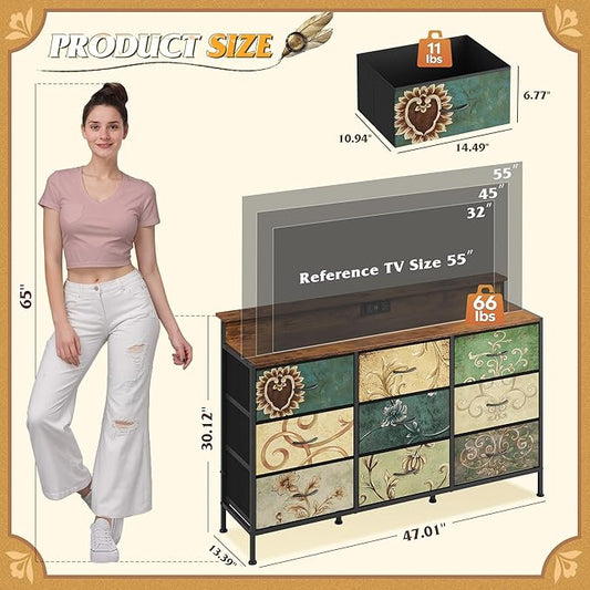 WLIVE Dresser TV Stand for 45, 50, 55 inch TV, Entertainment Center with LED Lights & Charging Station, Chest of Drawers with 9 Fabric Drawers and Open Shelves for Living Room, Hallway, Floral Painted