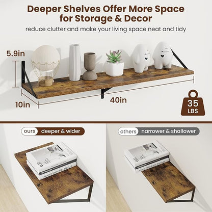 Axeman Deep Floating Shelves | 40 Inch Brown Wall Shelves Set of 2 | 10 Inch Deep Rustic Wood Shelves for Wall | 40'' W x 10''D Brown Shelves for Living Room Bathroom Kitchen