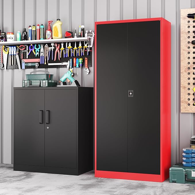 Metal Garage Cabinet,71" Lockable Storage Cabinet with 2 Doors and 5 Adjustable Shelves,Tall Steel Cabinets for Garage,Home Office,Basement,School,Hospital(Black & Red)