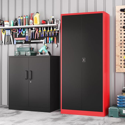 Metal Garage Cabinet,71" Lockable Storage Cabinet with 2 Doors and 5 Adjustable Shelves,Tall Steel Cabinets for Garage,Home Office,Basement,School,Hospital(Black & Red)