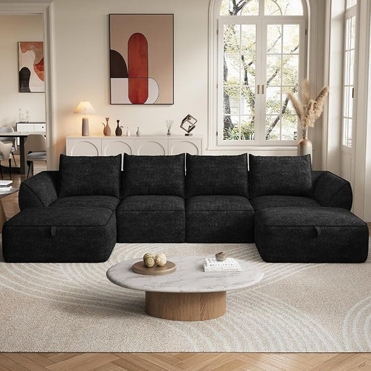 132" Modular Sectional Sofa with Deep Seat, U-Shaped Cloud Couch for Living Room, 4-Seater Boneless Sofa with 2 Ottomans, Flexible Combination Upholstery Sofa, No Assembly Required, Graphite Black
