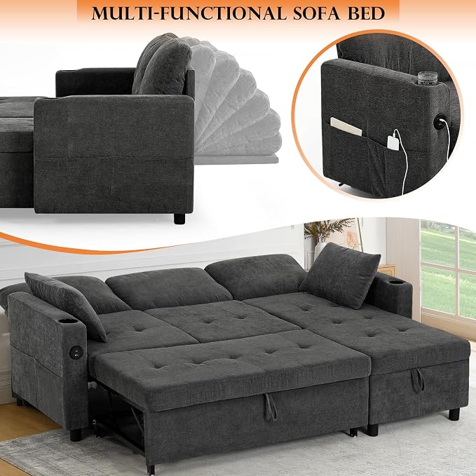 84" Fabric Sleeper Sofa Bed w/Adjustable Backrests, L-Shaped Sectional Sofa Bed w/USB Port & Thickened Cushions, Convertible Pull Out Couch Bed w/Storage Bags for Living Room, Grey