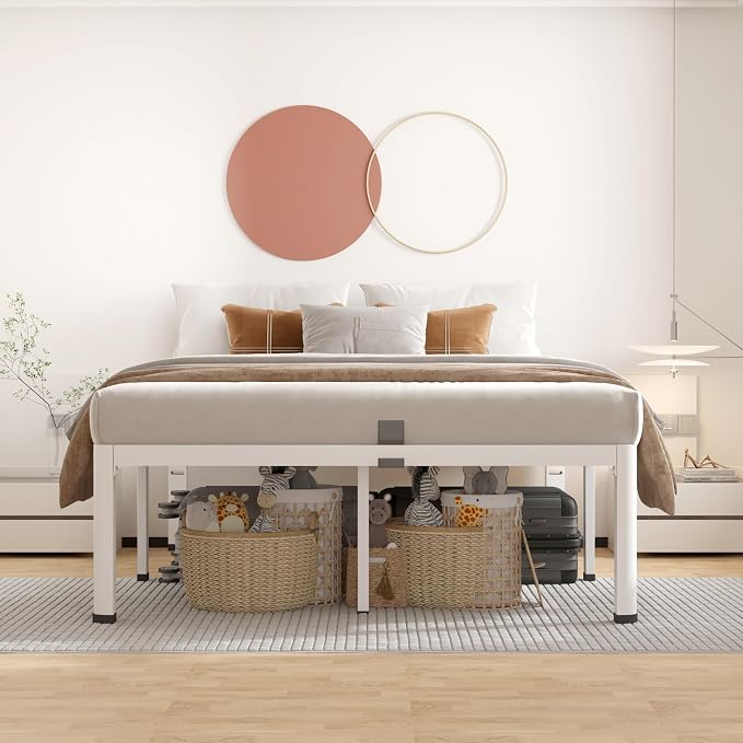 ROIL 14 Inch White King Bed Frame with Rounded Corner and Headboard Hole Mattress Retainers 3500LBS Heavy Duty Steel Slats No Box Spring Needed Platform Noise-Free Easy Assembly