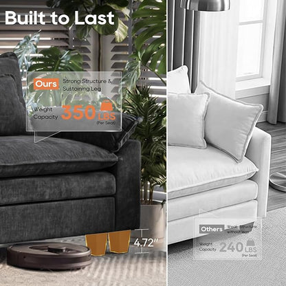 URRED Oversized Modular Sectional Sofa, 87" L Shaped Modern Comfy Cloud Couch with Movable Ottoman & Pillows, Deep Seat Couches for Living Room, Bedroom or Apartment (Chenille Black, 87" L Shaped)