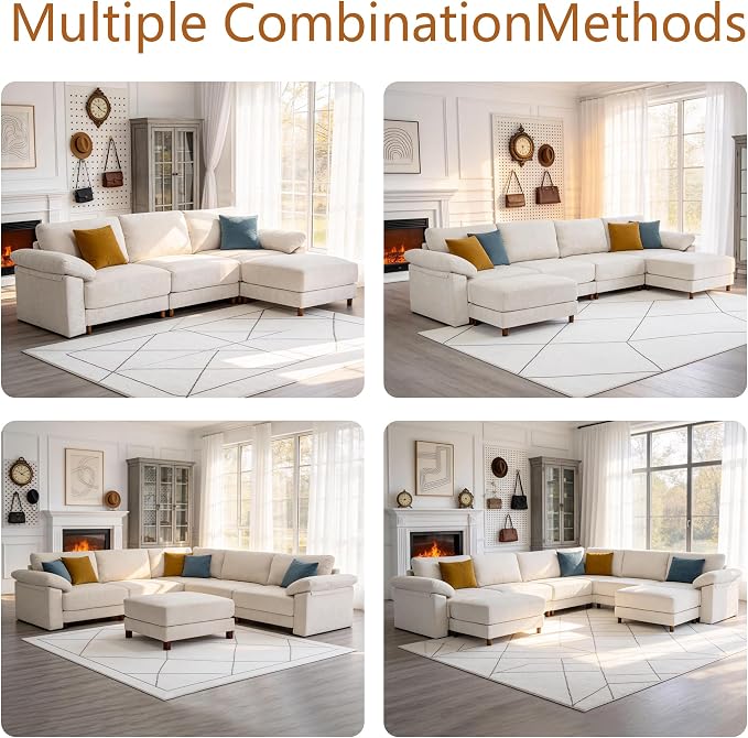 Oversized L Shaped Sectional Couch for Living Room, Extra Large Deep Seat Modular Sectional Sofa with Washable Covers, Modern Cloud Couch for Apartment, Bedroom (Beige, Corner V Shape 6 Seat)