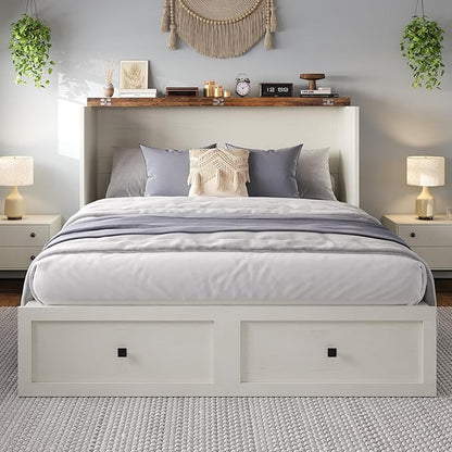 LUXOAK Full Size Murphy Bed with Charging Station, Cabinet Bed with Large Storage Drawer for Home Office or Small Room, Full Foldable Platform Bed, White