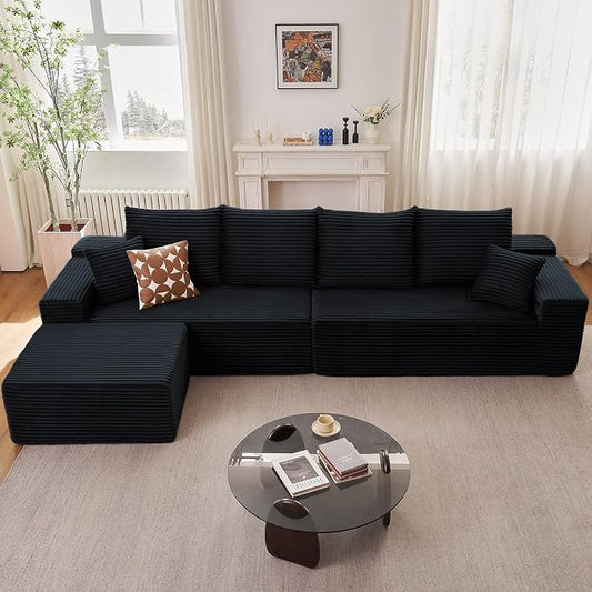 140" L Shaped Cloud Sectional Couch for Living Room, Modular Floor Deep-Seat Sofa, Big Comfy Corduroy Couches Set with Fluffy Memory Foam for Living Room Bedroom, No Assembly Required, Black
