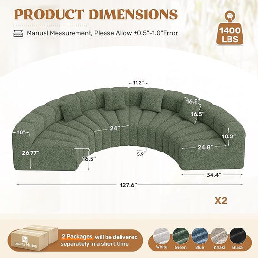 Luxanimarion Oversized Curved Cloud Couch, 8 Seater Modern Round Modular Sectional Sofa, Convertible Boneless Couches for Living Room, No Assembly Required, Green 1 PCS