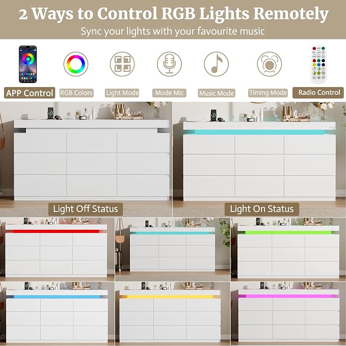Vipbear 9 Drawer Dresser for Bedroom 63" White Dresser with LED RGB Lights | Double Modern Wood Chest of Drawers for Closet w/ Charging Station Organizer Closet Storage Cabinet TV Stand for Living Room