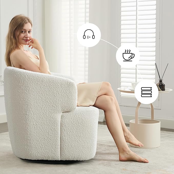 SOFTHION Swivel Accent Chair, Sherpa Teddy Barrel Chair for Living Room, Cozy Round Boucle Arm Chair, Metal Base for Club Nursery Bedroom, White