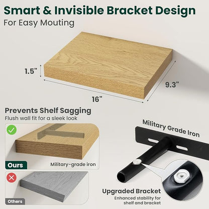 Floating Shelves for Wall 16 in x 9.3 in Deep, Wall Mounted Rustic Wood Shelf with Invisible Brackets for Storage & Display, Living Room Bedroom Bathroom, Oak, 2 Pack