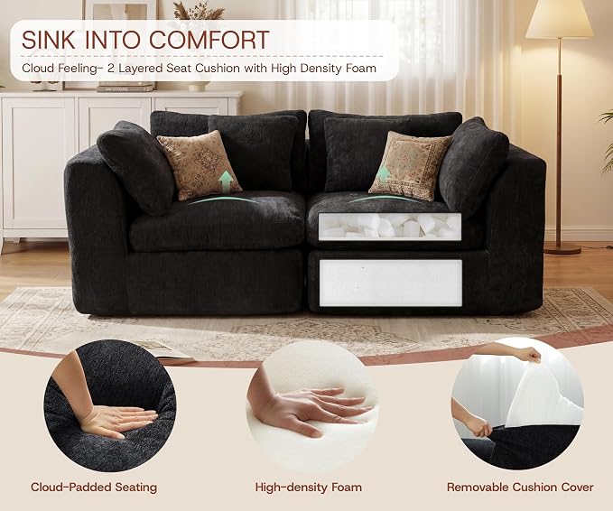 GRUSIGN 79'' Oversized Boneless Cloud Loveseat for Living Room, Modern Big Sectional Compressed 2 Seater Couch with 2 Throw Pillows, Comfy Chenille Deep Seat Foam Spineless 2 Person Couch, Black