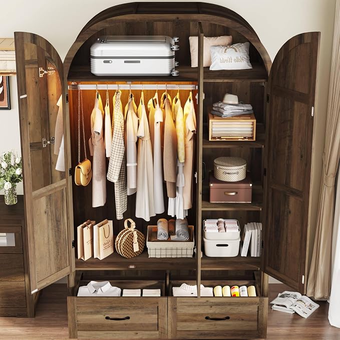 Squireewo 3 Doors Armoire Wardrobe Closet with Doors and Drawers, 71" Farmhouse Arched Wooden Wardrobe Cabinet with Mirror and Lights, Large Armoire Storage Cabinet with Shelves & Hanging Rod,Oak