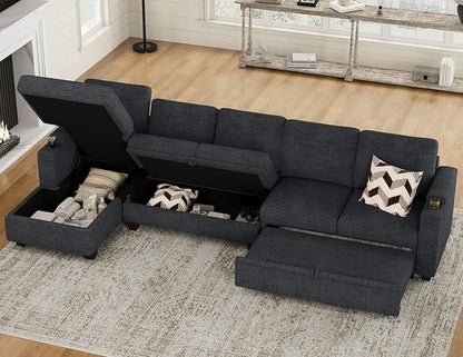 Belffin Modular Sectional Sleeper Sofa Bed with Storage Chaise L Shaped Sectional Couches for Living Room Armrest with Cup Holder. Dark Grey Couch