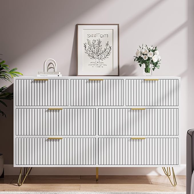MAISONARIA White Dresser for Bedroom, 7 Drawer Dresser with Gold Pulls, Wide Chest of Drawers for Bedroom, Entryway, 47.2" L x 15.7" D x 31.4" H