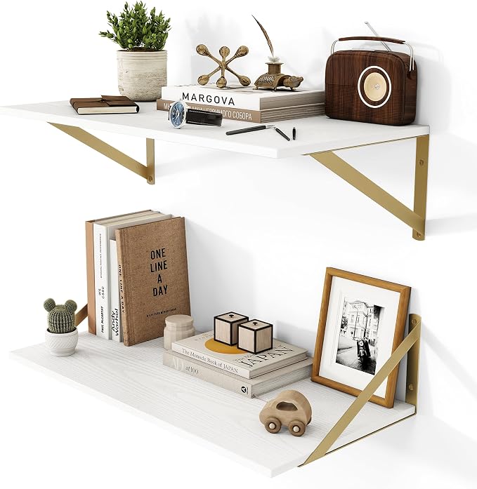 Heimlove Deep Floating Shelves for Wall, 24W x 12D Wood Wall Shelves Set of 2, Wide Floating Bookshelf for Living Room, Kitchen, Office, Bedroom and Decor Storage, with Golden Bracket - White & Gold