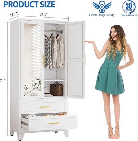 GAIOUS Steel Armoire Wardrobe Closet with Mirror and 2 Drawers 71" White | Clothes Storage Cabinets with 2 Doors, 1 Adjustable Shelf, Metal Wardrobe Cabinet with Hanging Rod for Bedroom, Gym, Cloak