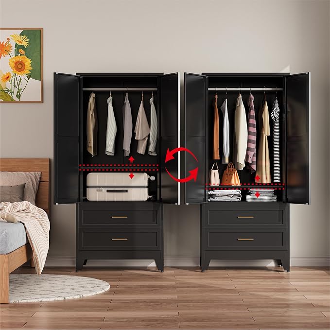 Metal Wardrobe Closet Cabinet with Drawers,71" H Large Bedroom Armoires with Shelves and Hanging Rod,Wardrobe Storage Cabinet with 2 Doors, 1 Adjustable Shelf and Drawers (2Drawer, Black)